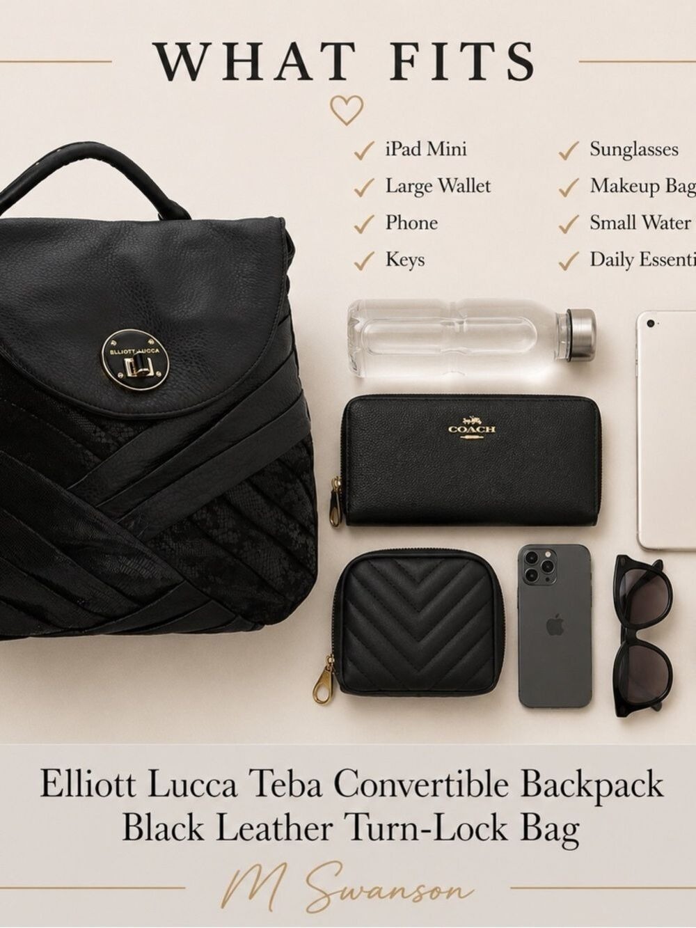 Elliott Lucca Teba Convertible Backpack – Black Leather and Gold Chain Strap - Picture 2 of 13